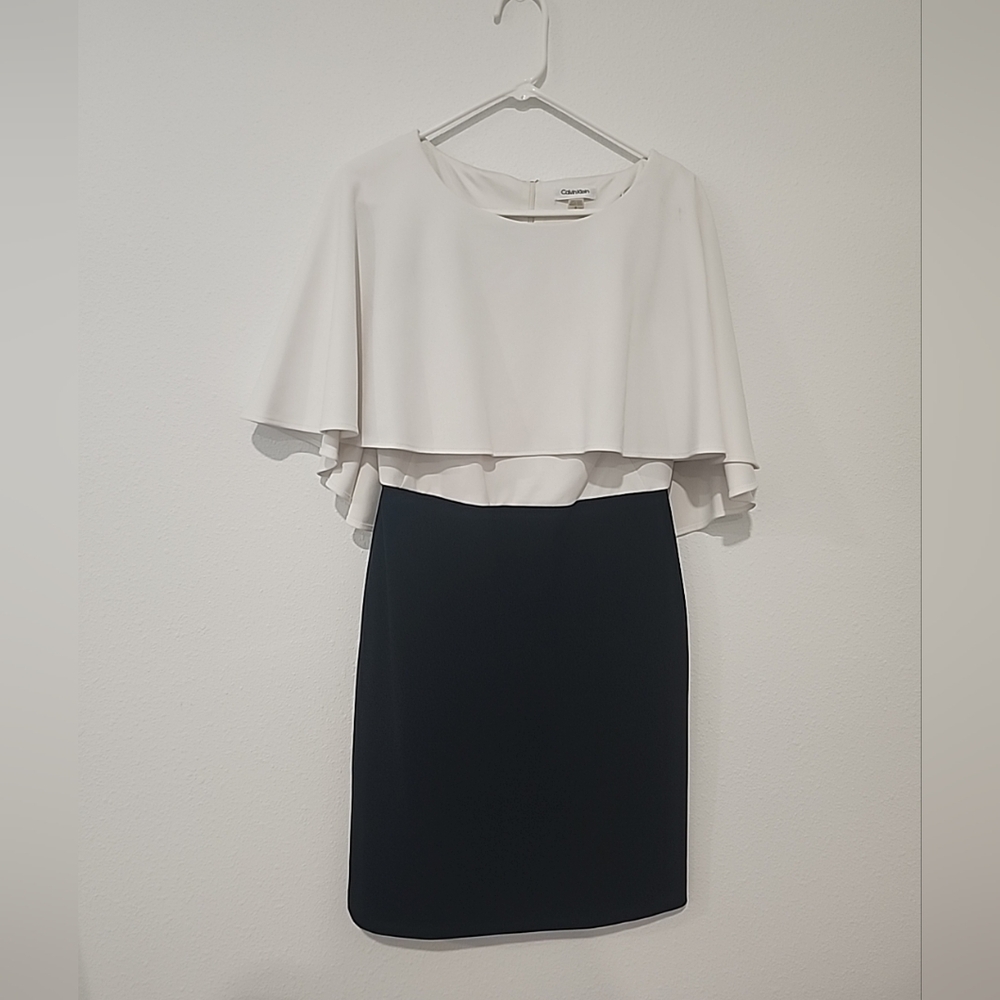 Calvin Klein Womens 8 Black And White Knee Length Pencil Cape Dress